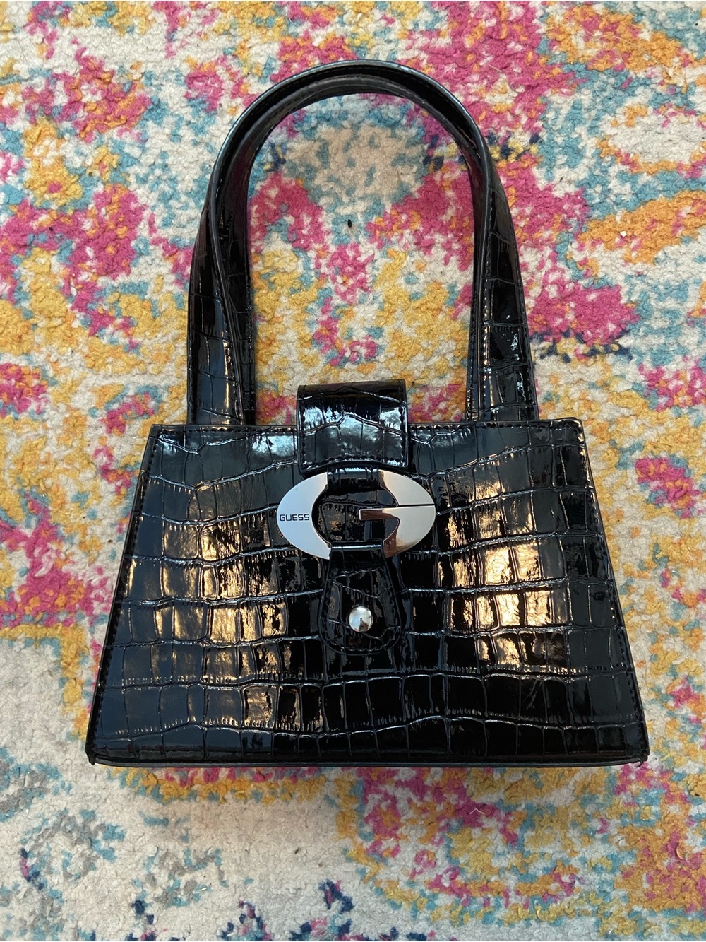 Guess Crocodile-Embossed Satchel in Black